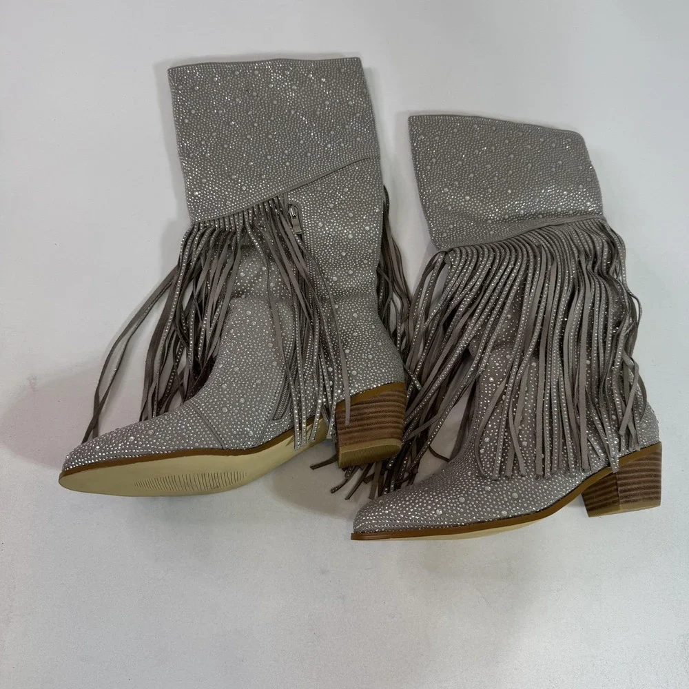 FHSGEG Boots Womens Size 12 Silver Rhinestone‎ Fringe Western Cowboy Knee High